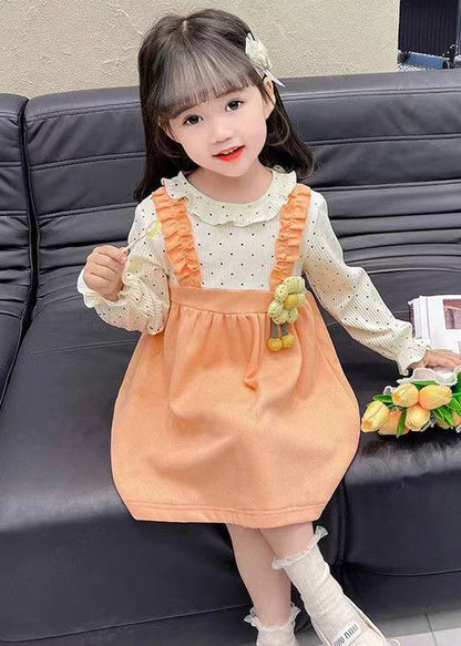 Cute Orange Ruffled False Two Pieces Cotton Girls Dress Fall XZ062