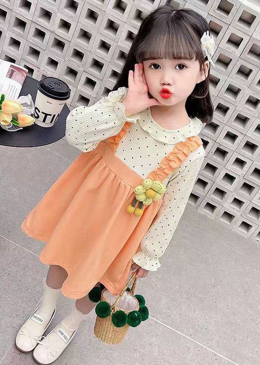 Jolie robe en coton deux pièces à volants orange pour fille Automne XZ062