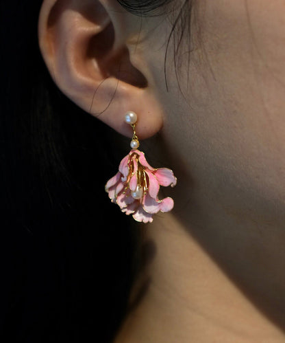 Cute Pink Alloy Pearl Enamel Jade Orchid Drop Earrings WQ007