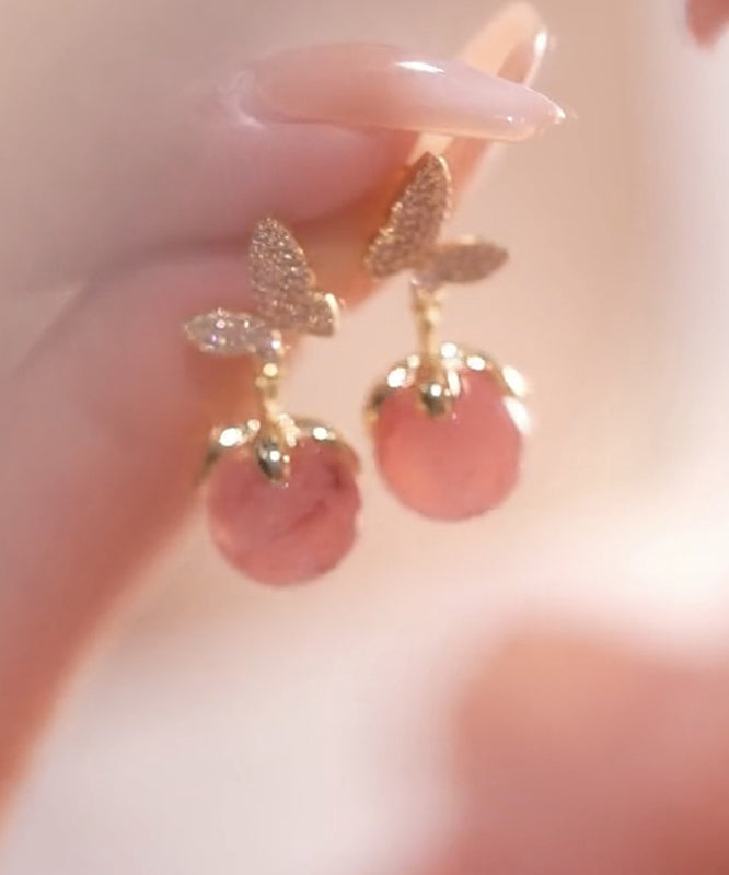 Zircon Cute Eye Butterfly Alloy Stone Cat Stud Pink Earrings