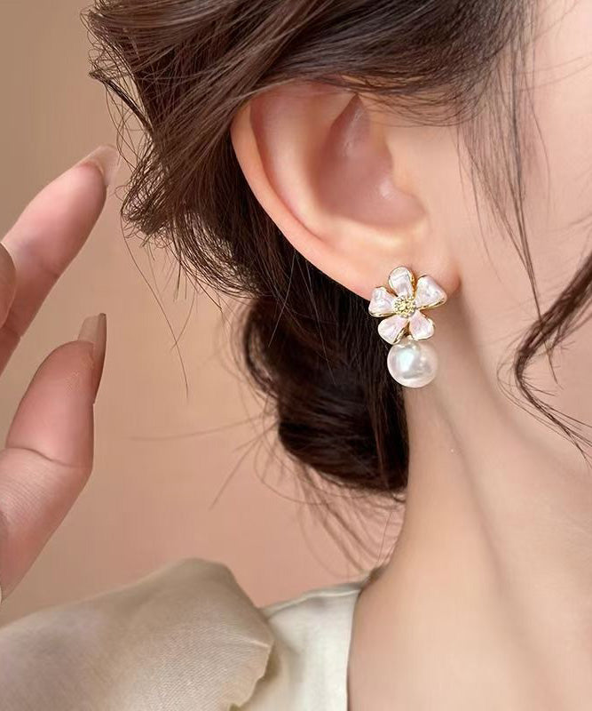 Cute Pink Copper Alloy Floral Pearl Stud Earrings WH037