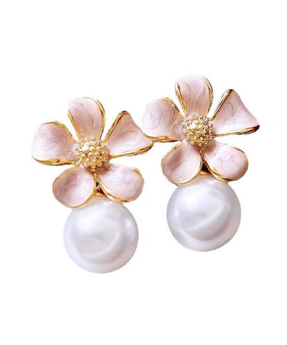 Cute Pink Copper Alloy Floral Pearl Stud Earrings WH037