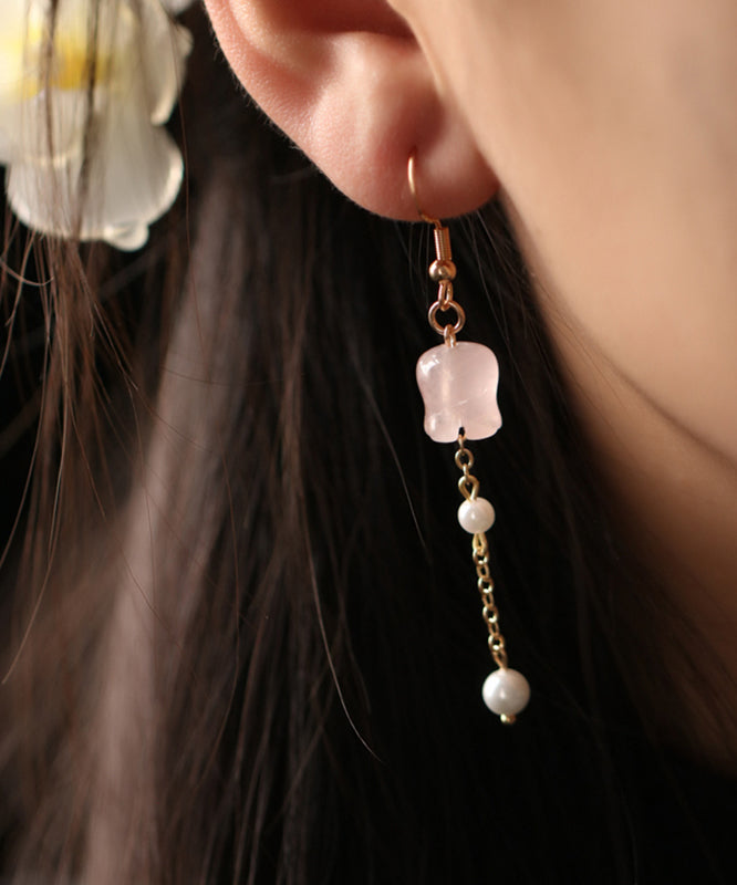 Boucles d'oreilles pendantes à pampilles en cristal de muguet avec perles en cuivre rose surdoré QU034