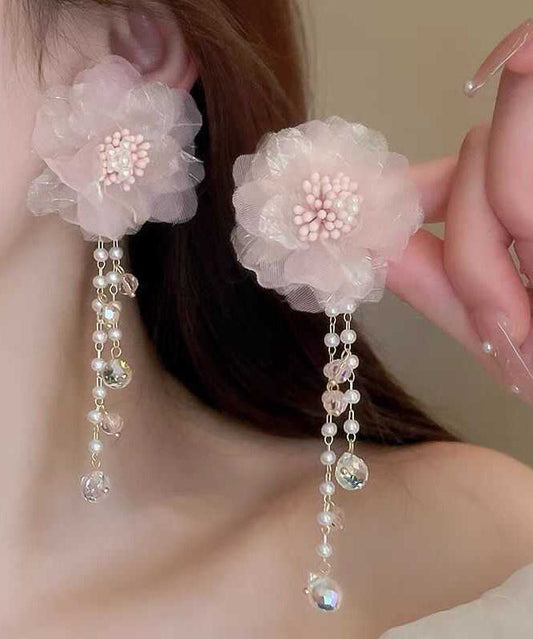 Boucles d'oreilles pendantes à pampilles florales en tulle et perles de cristal rose mignon II007