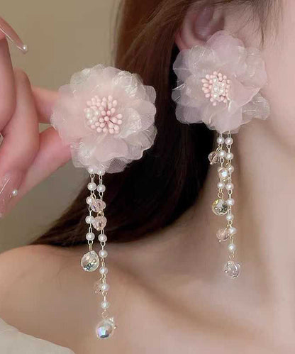 Cute Pink Crystal Pearl Tulle Floral Tassel Drop Earrings II007