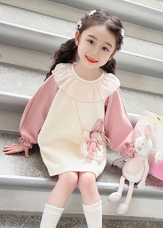 Jolie robe longue rose pour enfant à manches lanternes TG006