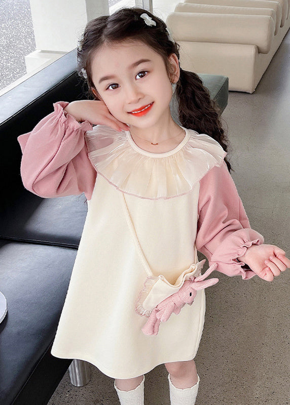 Jolie robe longue rose pour enfant à manches lanternes TG006
