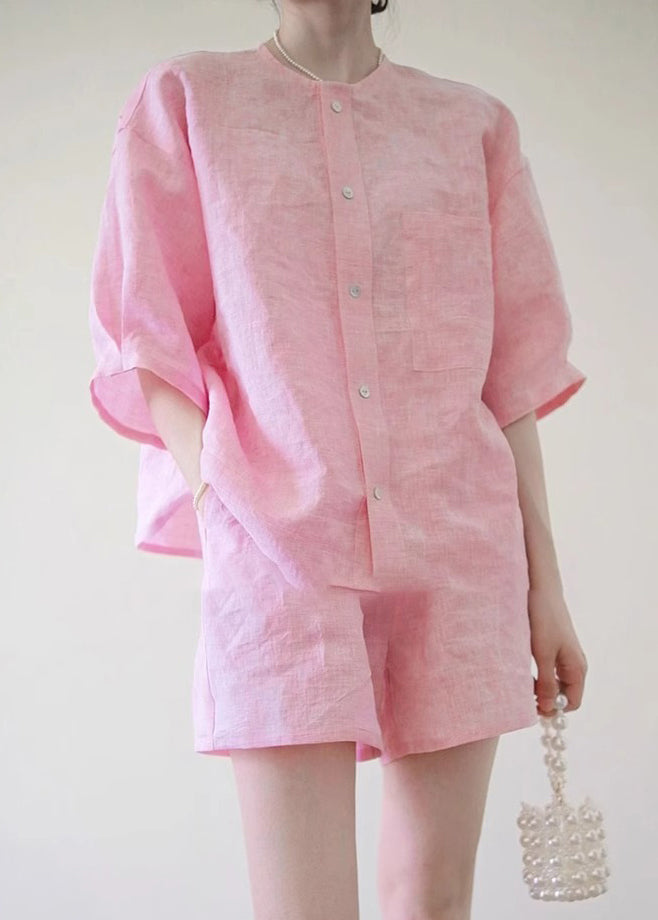 Cute Pink O-Neck Button Shirts And Shorts Two Pieces Set Summer QB020