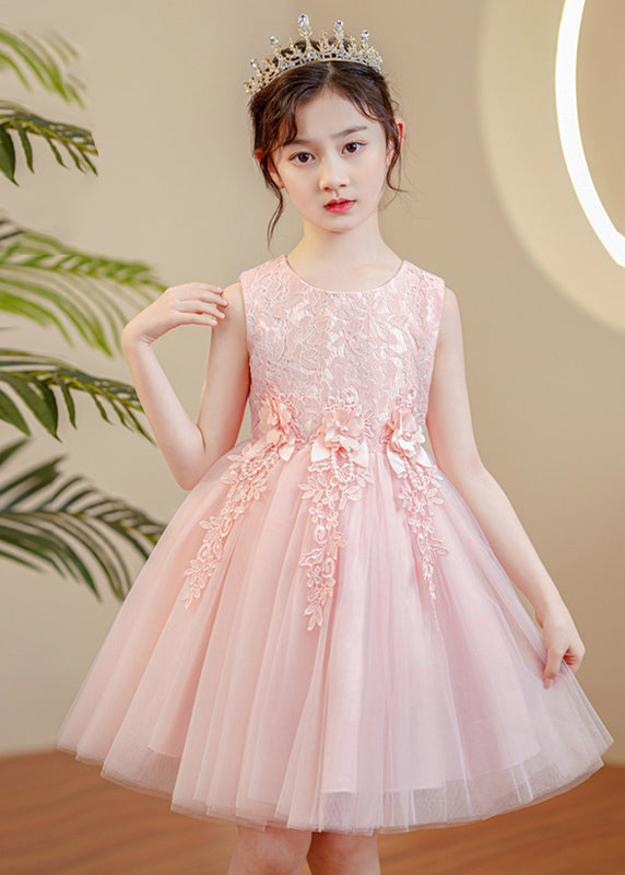 Jolie robe longue rose à col rond en tulle perlé à fleurs pour filles sans manches XZ049