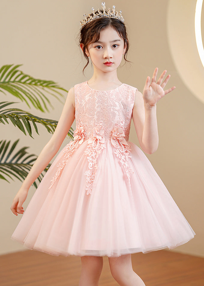 Jolie robe longue rose à col rond en tulle perlé à fleurs pour filles sans manches XZ049