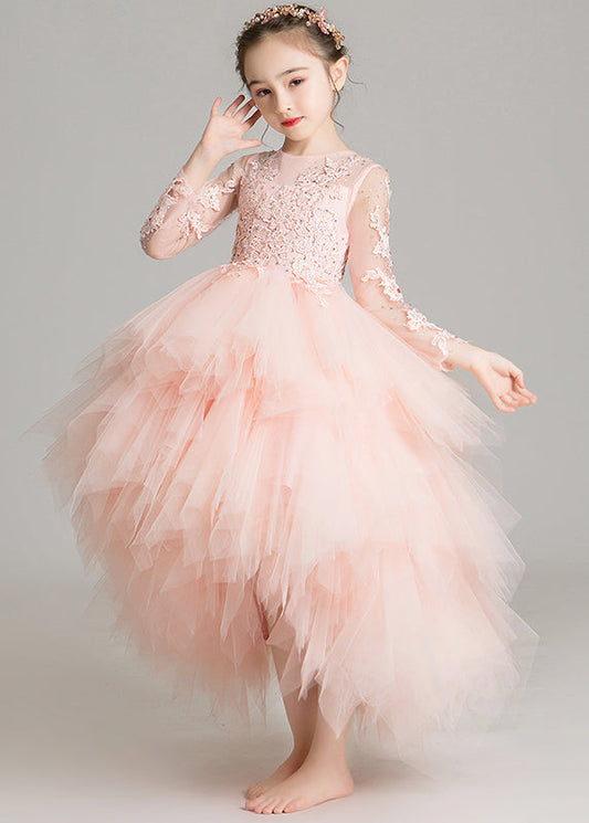 Cute Pink O-Neck Low High Design Tulle Girls Maxi Dress Sleeveless RP032