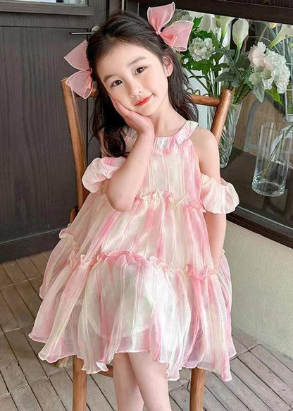 Cute Pink O-Neck Ruffled Chiffon Girls Dress Summer EW062