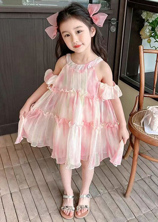 Cute Pink O-Neck Ruffled Chiffon Girls Dress Summer EW062