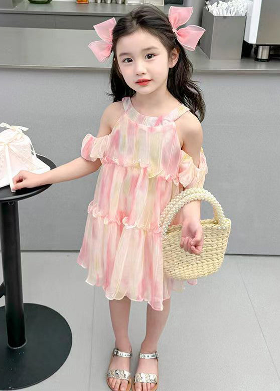 Cute Pink O-Neck Ruffled Chiffon Girls Dress Summer EW062