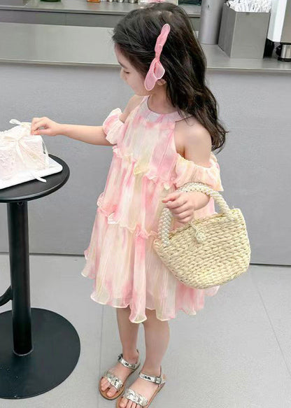 Cute Pink O-Neck Ruffled Chiffon Girls Dress Summer EW062