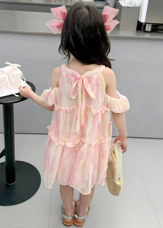 Cute Pink O-Neck Ruffled Chiffon Girls Dress Summer EW062