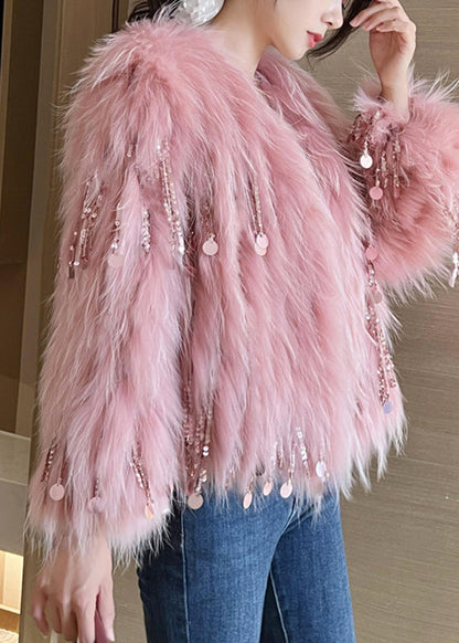 Cute Pink O-Neck Tassel Leather And Fur Coats Winter WZ021