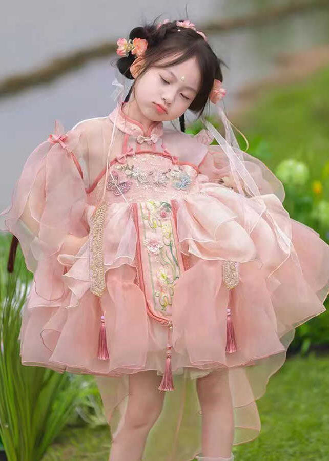 Robes longues d'été pour enfants, maxi patchwork, tulle rose, pompons mignons