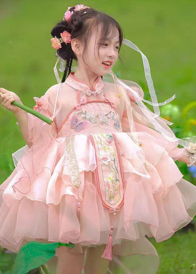 Robes longues d'été pour enfants, maxi patchwork, tulle rose, pompons mignons