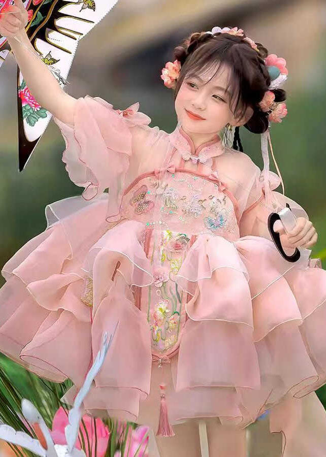 Robes longues d'été pour enfants, maxi patchwork, tulle rose, pompons mignons