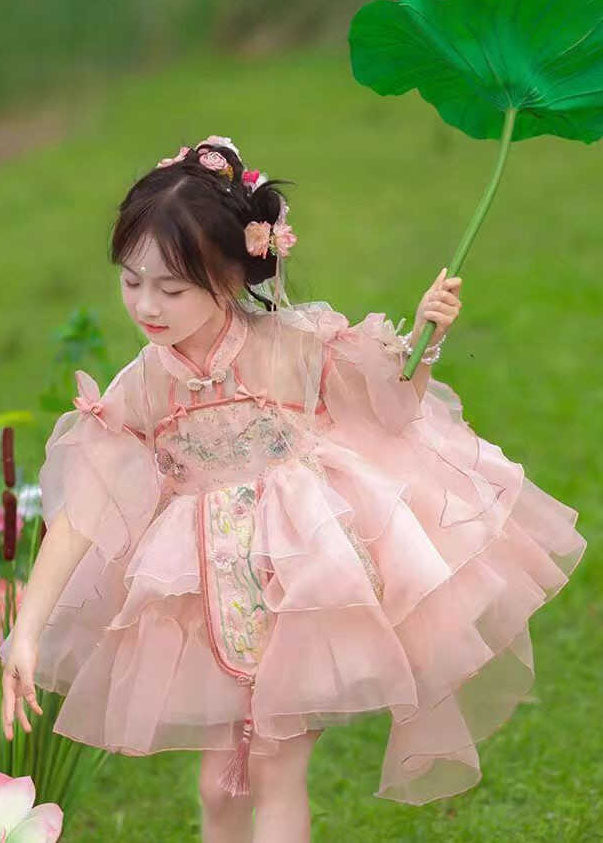 Robes longues d'été pour enfants, maxi patchwork, tulle rose, pompons mignons