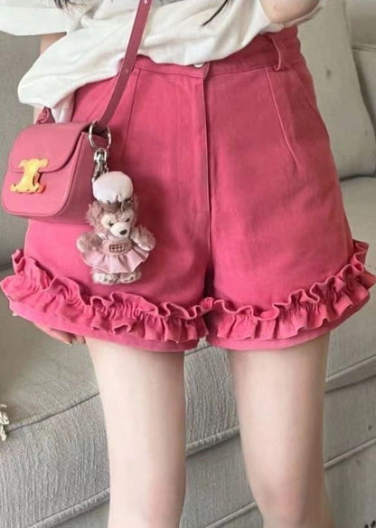 Cute Pink Ruffled Print Patchwork Top And Shorts Two Pieces Set Summer UU1006