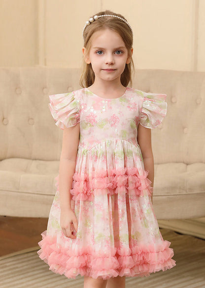 Cute Pink Ruffled Print Patchwork Tulle Girls Long Dress Short Sleeve EW019