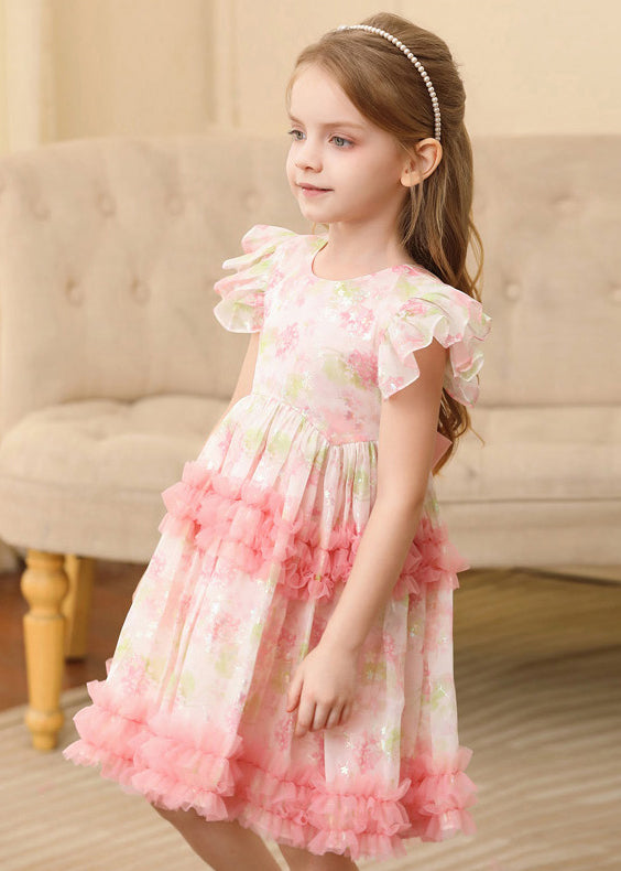 Robe longue en tulle à volants et imprimé patchwork rose pour fille, manches courtes, EW019