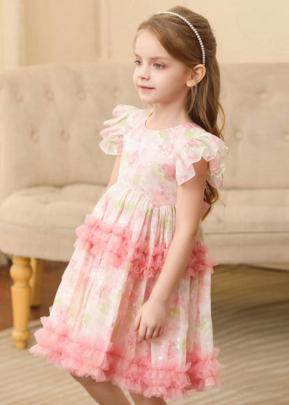 Cute Pink Ruffled Print Patchwork Tulle Girls Long Dress Short Sleeve EW019