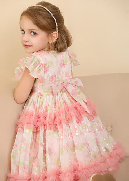 Cute Pink Ruffled Print Patchwork Tulle Girls Long Dress Short Sleeve EW019