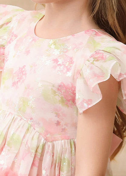 Cute Pink Ruffled Print Patchwork Tulle Girls Long Dress Short Sleeve EW019