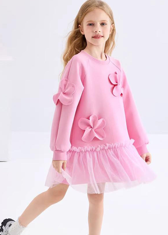 Jolie robe longue rose à volants en tulle à motif floral pour filles, tenue de vacances, printemps YE017