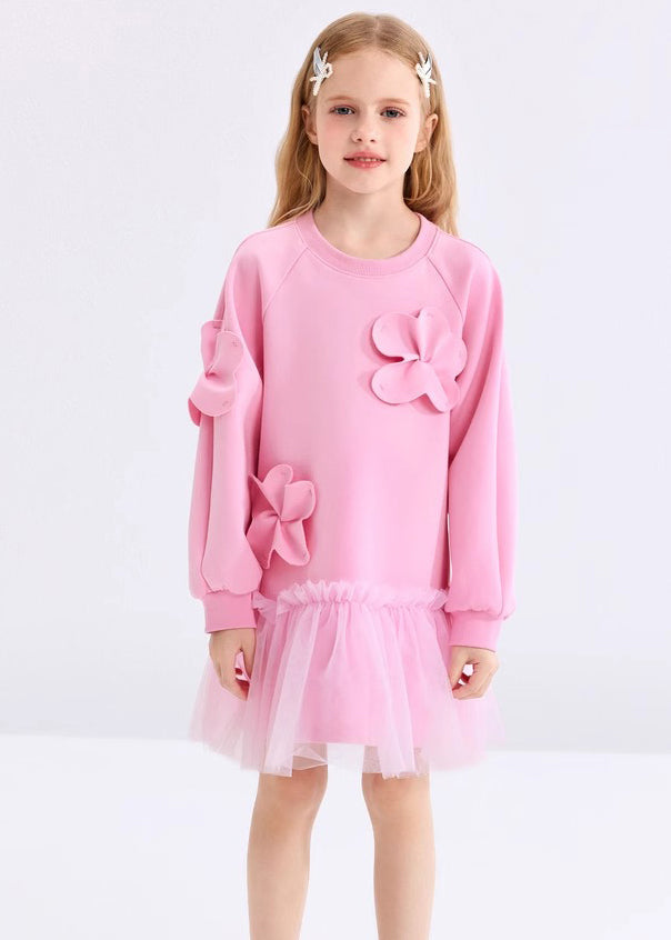 Jolie robe longue rose à volants en tulle à motif floral pour filles, tenue de vacances, printemps YE017