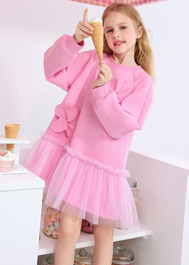 Jolie robe longue rose à volants en tulle à motif floral pour filles, tenue de vacances, printemps YE017