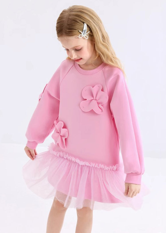 Jolie robe longue rose à volants en tulle à motif floral pour filles, tenue de vacances, printemps YE017