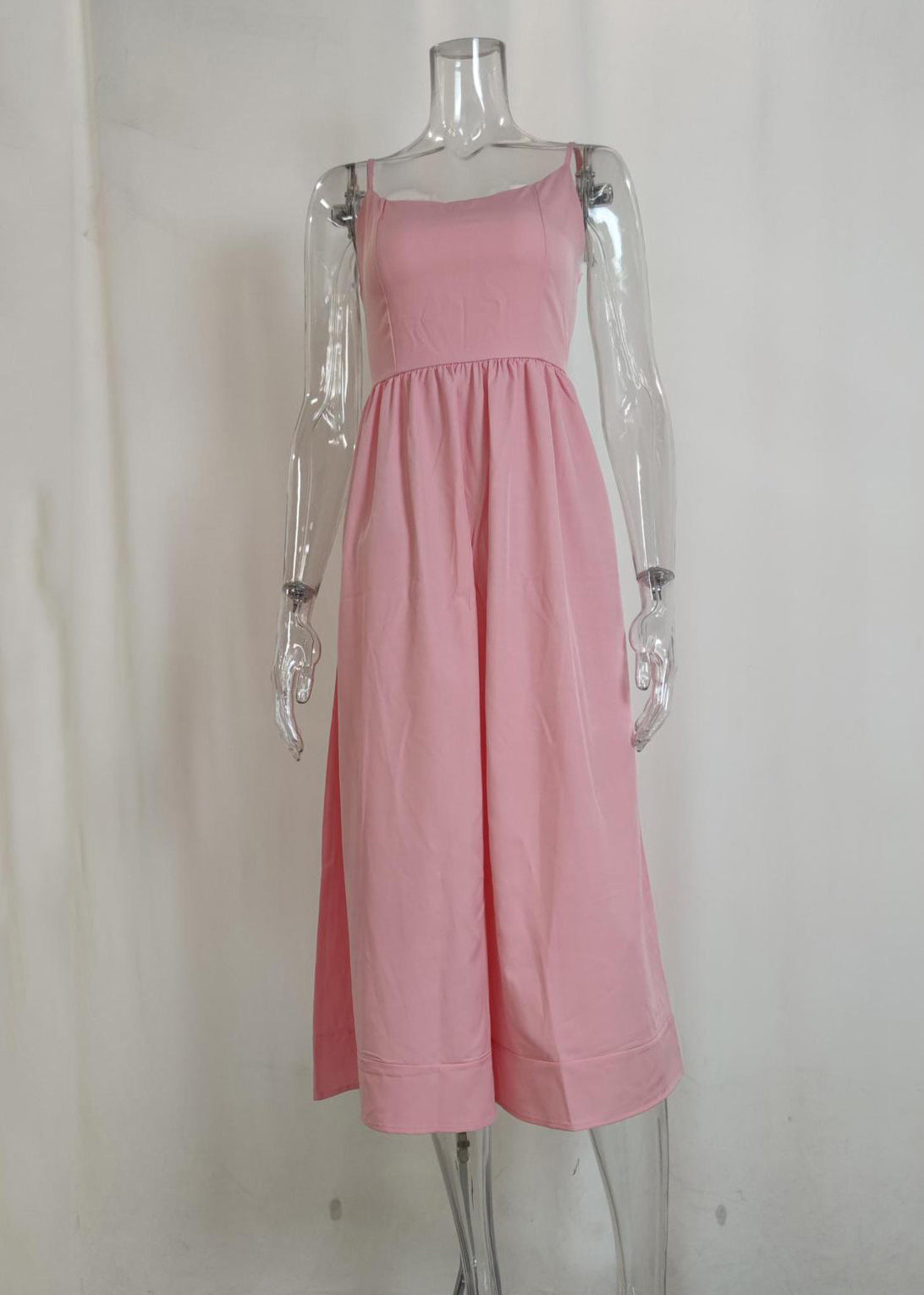 Jolie robe longue à bretelles spaghetti en patchwork rose sans manches ZL038