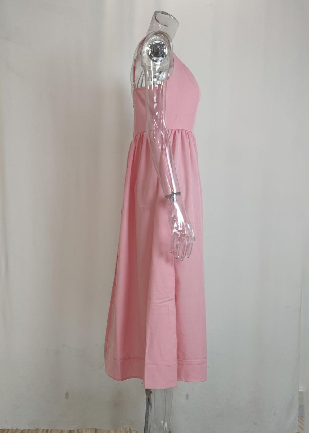 Jolie robe longue à bretelles spaghetti en patchwork rose sans manches ZL038