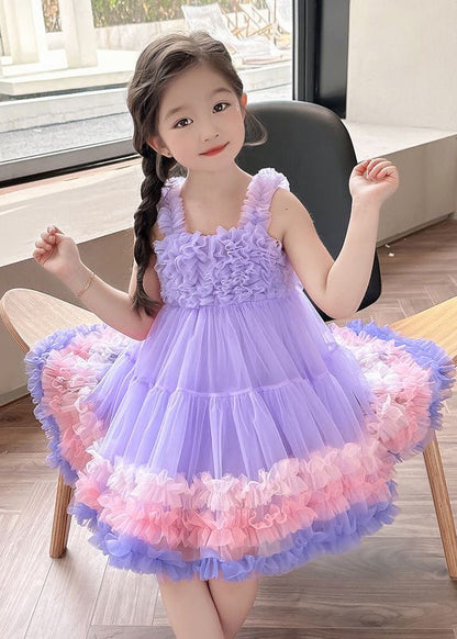 Cute Pink Slash Neck Patchwork Tulle Kids Long Dress Summer EW002