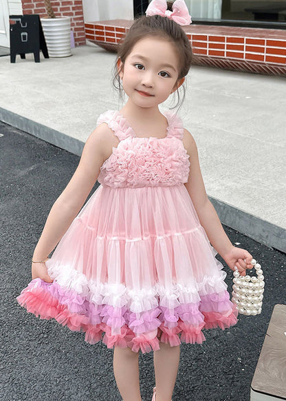 Cute Pink Slash Neck Patchwork Tulle Kids Long Dress Summer EW002