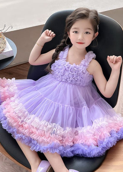 Cute Pink Slash Neck Patchwork Tulle Kids Long Dress Summer EW002