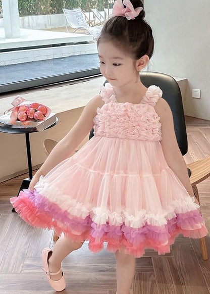 Cute Pink Slash Neck Patchwork Tulle Kids Long Dress Summer EW002