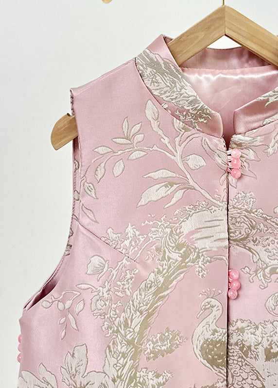 Gilet ouvert sur le côté avec joli col montant brodé de perles à clous rose pour l'automne AG1037