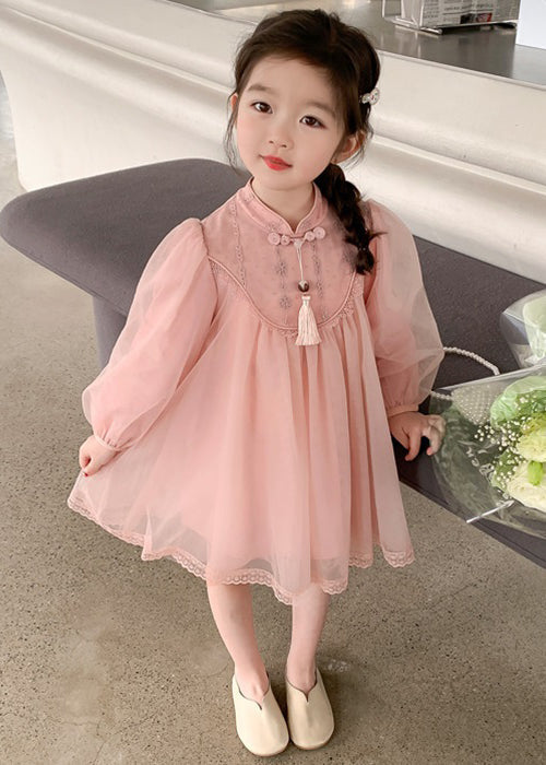 Robe rose mignonne à col montant en tulle pour enfants et filles, manches longues, XZ057