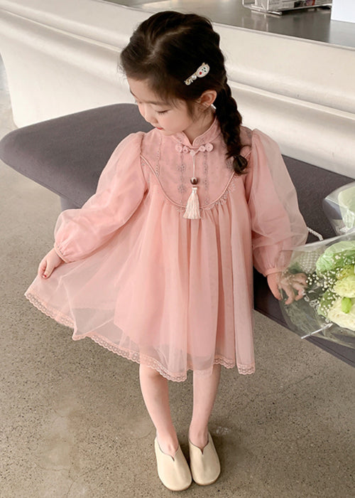 Robe rose mignonne à col montant en tulle pour enfants et filles, manches longues, XZ057