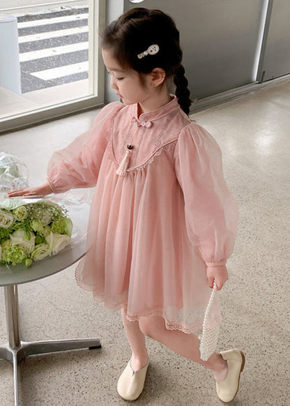 Cute Pink Stand Collar Tulle Kids Girls Dress Long Sleeve XZ057