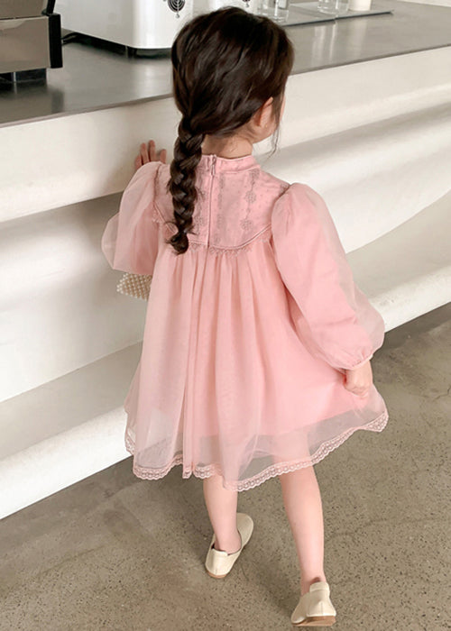 Robe rose mignonne à col montant en tulle pour enfants et filles, manches longues, XZ057