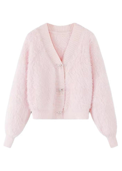 Cute Pink V Neck Button Mink Hair Knitted Cardigan Winter RP005