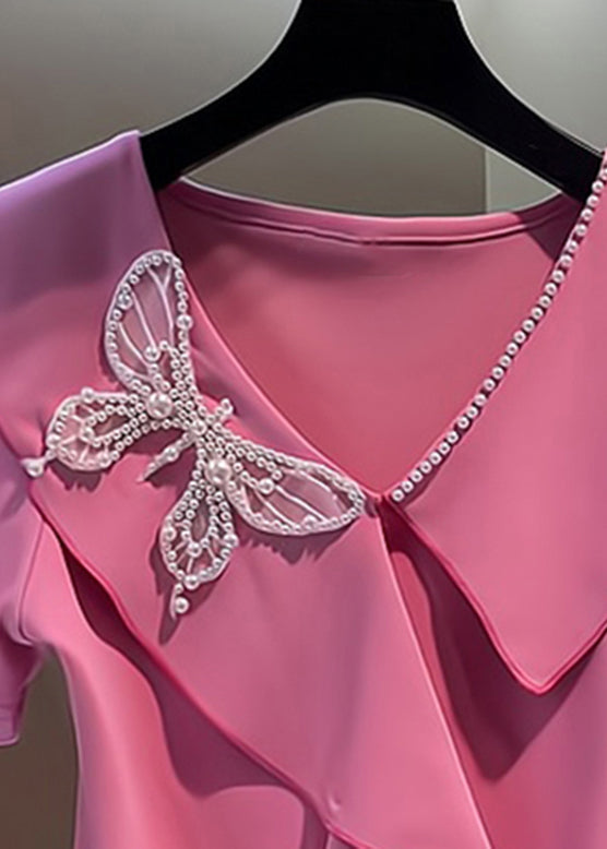 Cute Pink V Neck Embroidered Butterfly Nail Bead Top Short Sleeve UU1027