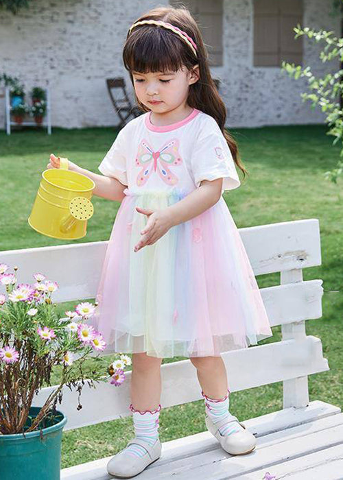 Cute Rainbow Print Tulle Patchwork Cotton Girls Dress Summer EW049