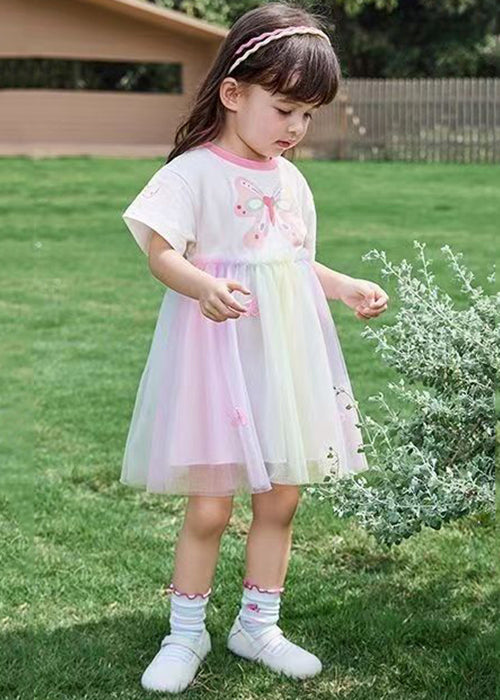 Cute Rainbow Print Tulle Patchwork Cotton Girls Dress Summer EW049